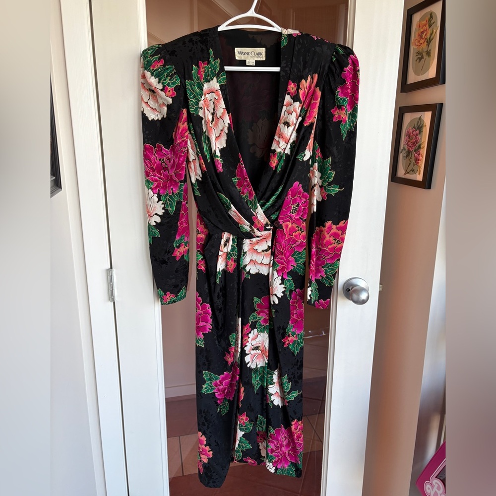 Vintage 1980’s Wayne Clark Black Floral Silk Wrap Dress. Size 6/8